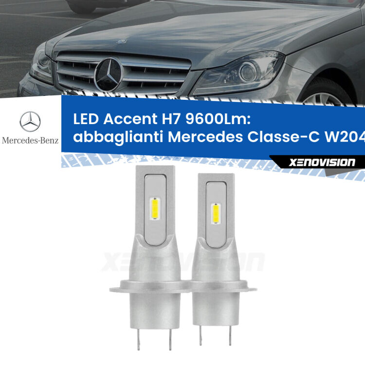 <strong>Kit LED Abbaglianti per Mercedes Classe-C</strong> W204 2007 -2014.</strong> Coppia lampade <strong>H7</strong> senza ventola e ultracompatte per installazioni in fari senza spazi.