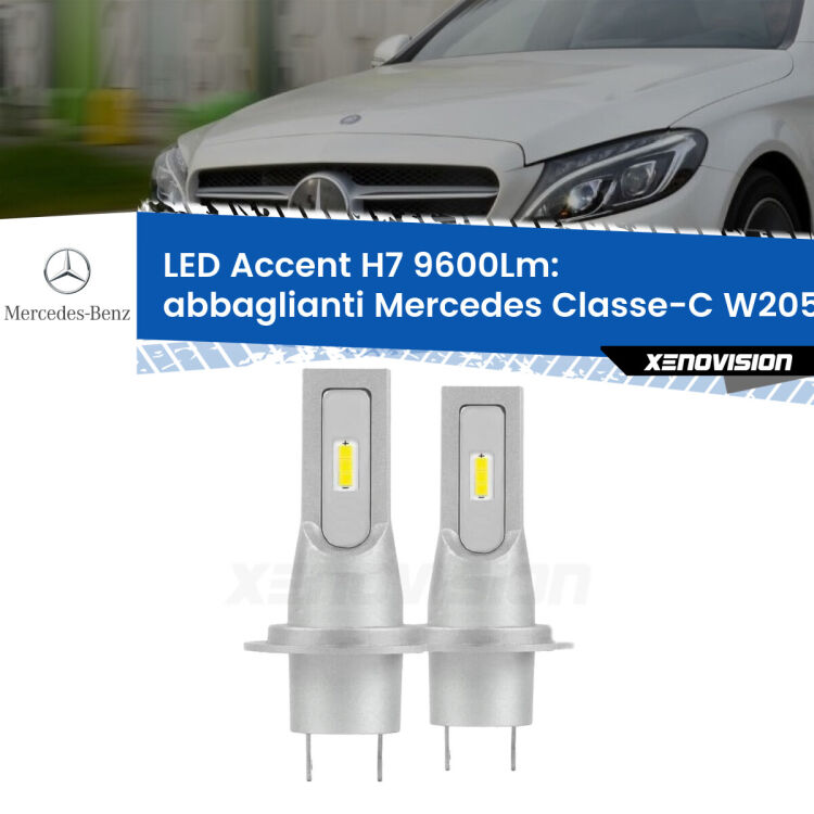 <strong>Kit LED Abbaglianti per Mercedes Classe-C</strong> W205 2013 -2018.</strong> Coppia lampade <strong>H7</strong> senza ventola e ultracompatte per installazioni in fari senza spazi.