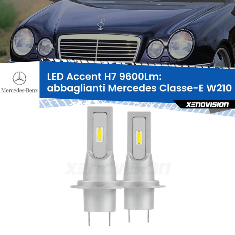 <strong>Kit LED Abbaglianti per Mercedes Classe-E</strong> W210 1995 -2002.</strong> Coppia lampade <strong>H7</strong> senza ventola e ultracompatte per installazioni in fari senza spazi.