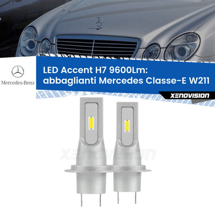 <strong>Kit LED Abbaglianti per Mercedes Classe-E</strong> W211 2002 -2009.</strong> Coppia lampade <strong>H7</strong> senza ventola e ultracompatte per installazioni in fari senza spazi.