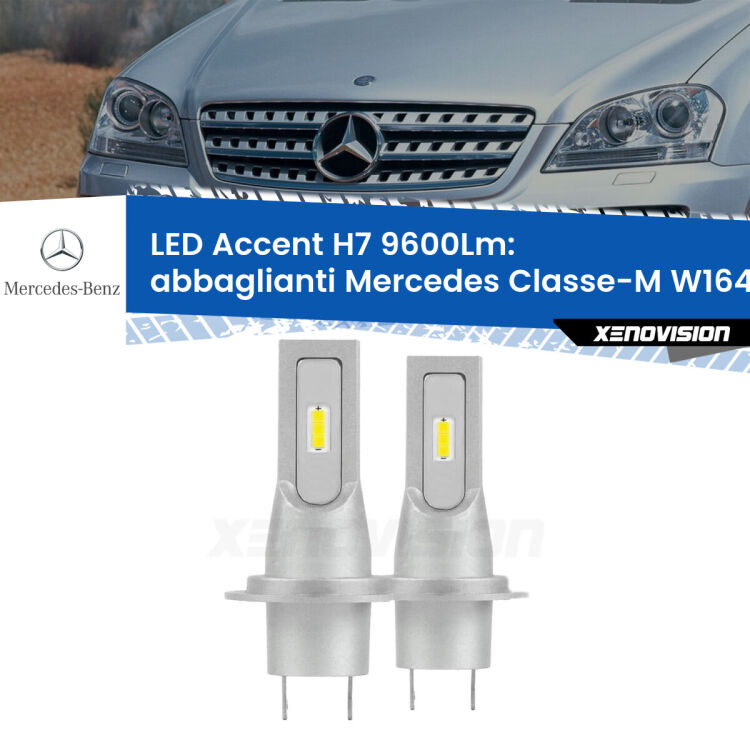 <strong>Kit LED Abbaglianti per Mercedes Classe-M</strong> W164 2005 -2011.</strong> Coppia lampade <strong>H7</strong> senza ventola e ultracompatte per installazioni in fari senza spazi.