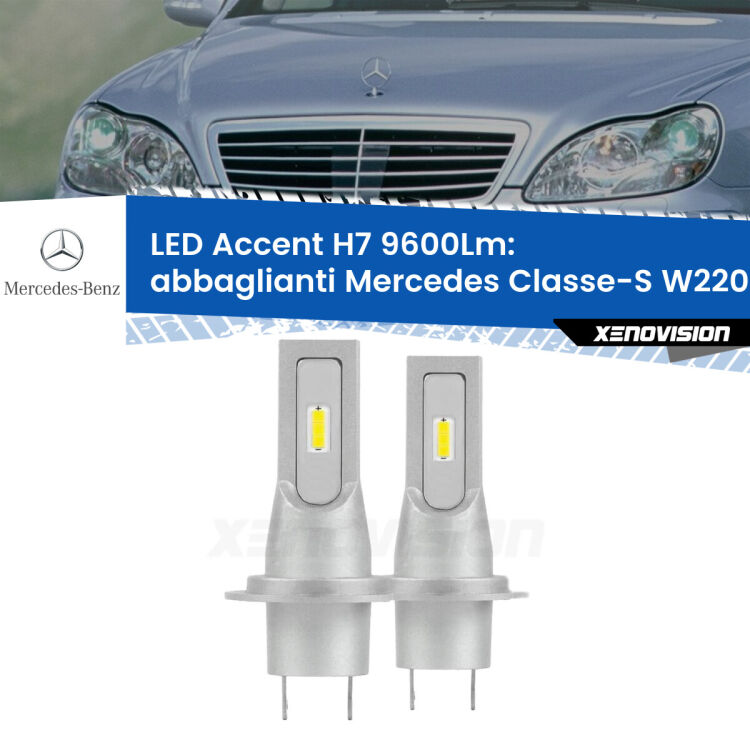 <strong>Kit LED Abbaglianti per Mercedes Classe-S</strong> W220 1998 -2005.</strong> Coppia lampade <strong>H7</strong> senza ventola e ultracompatte per installazioni in fari senza spazi.