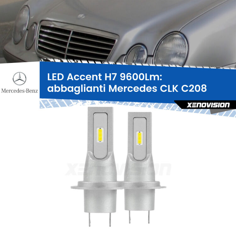 <strong>Kit LED Abbaglianti per Mercedes CLK</strong> C208 1997 -2002.</strong> Coppia lampade <strong>H7</strong> senza ventola e ultracompatte per installazioni in fari senza spazi.