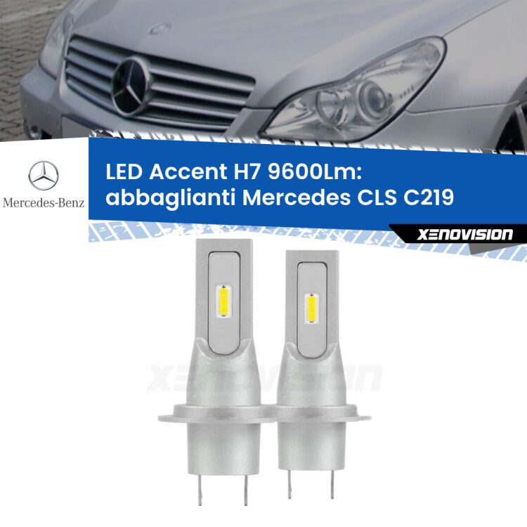 <strong>Kit LED Abbaglianti per Mercedes CLS</strong> C219 2004-2010.</strong> Coppia lampade <strong>H7</strong> senza ventola e ultracompatte per installazioni in fari senza spazi.