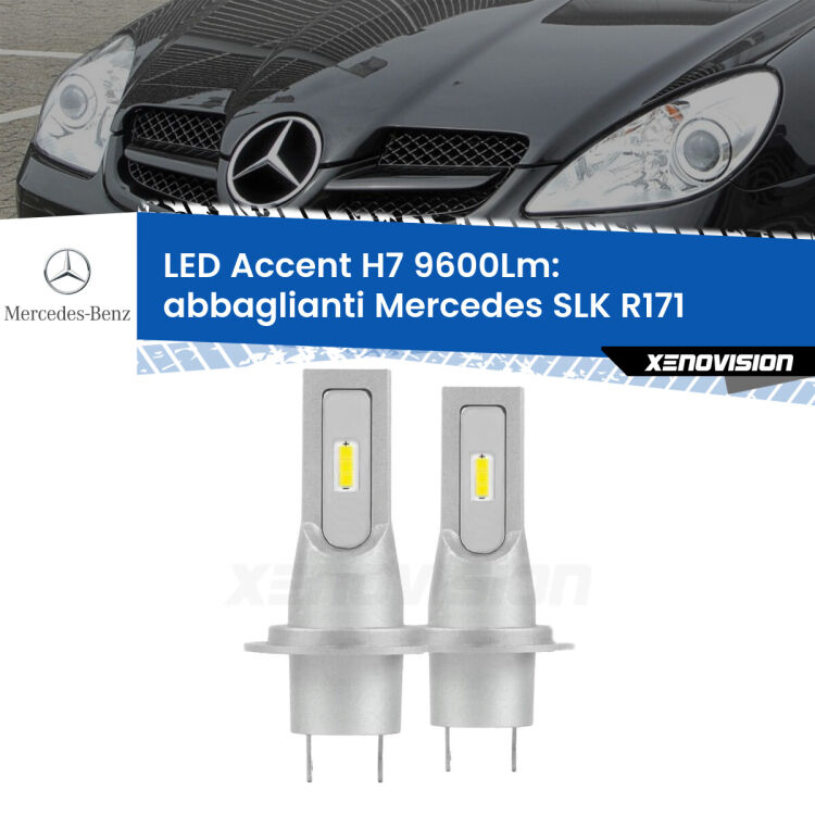 <strong>Kit LED Abbaglianti per Mercedes SLK</strong> R171 2004 -2011.</strong> Coppia lampade <strong>H7</strong> senza ventola e ultracompatte per installazioni in fari senza spazi.