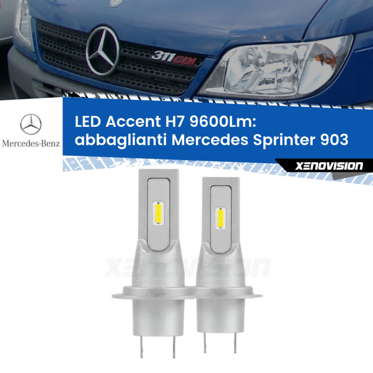 <strong>Kit LED Abbaglianti per Mercedes Sprinter</strong> 903 2002 -2006.</strong> Coppia lampade <strong>H7</strong> senza ventola e ultracompatte per installazioni in fari senza spazi.