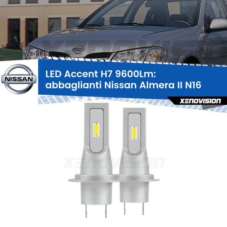 <strong>Kit LED Abbaglianti per Nissan Almera II</strong> N16 2002 -2006.</strong> Coppia lampade <strong>H7</strong> senza ventola e ultracompatte per installazioni in fari senza spazi.