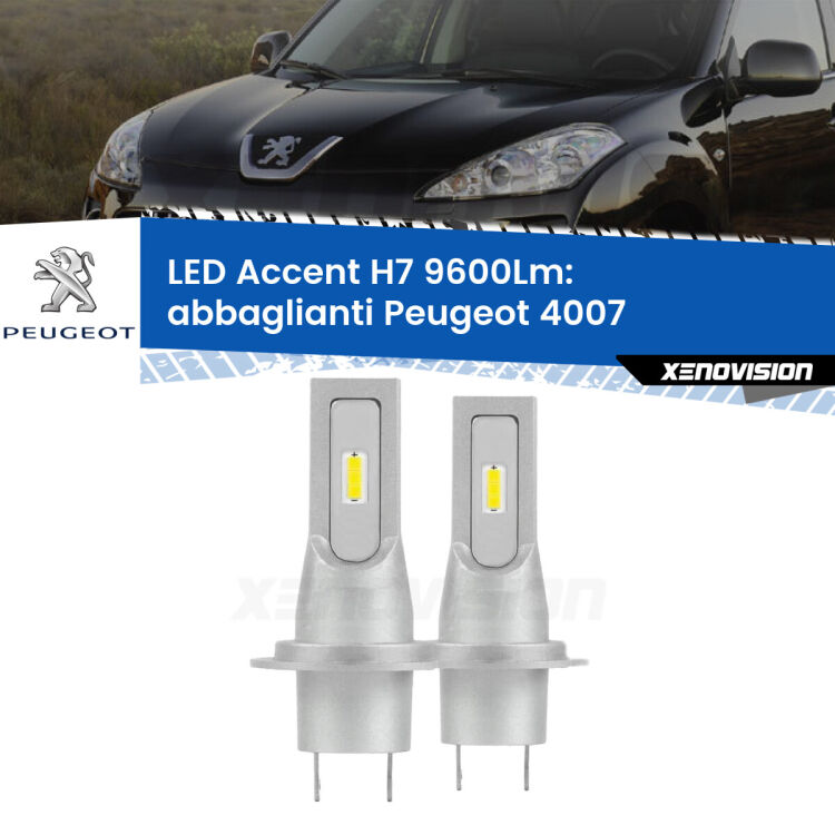 <strong>Kit LED Abbaglianti per Peugeot 4007</strong>  2007 -2012.</strong> Coppia lampade <strong>H7</strong> senza ventola e ultracompatte per installazioni in fari senza spazi.