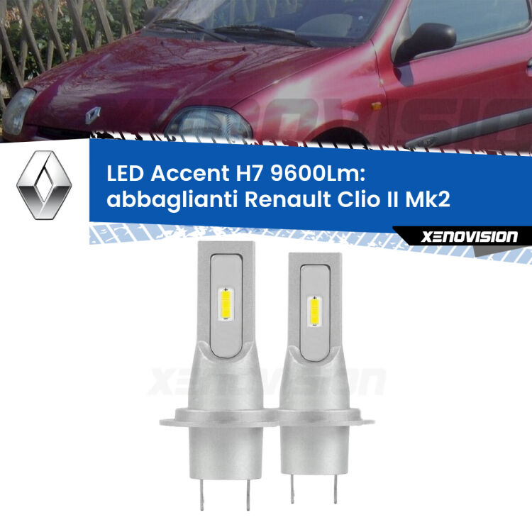 <strong>Kit LED Abbaglianti per Renault Clio II</strong> Mk2 con fari Xenon.</strong> Coppia lampade <strong>H7</strong> senza ventola e ultracompatte per installazioni in fari senza spazi.