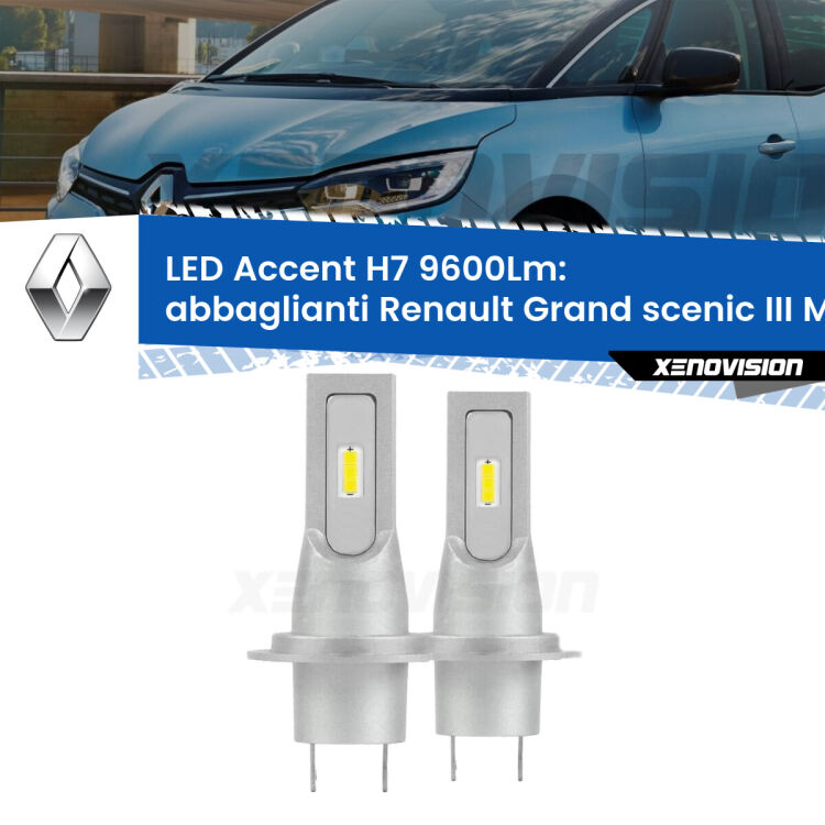 <strong>Kit LED Abbaglianti per Renault Grand scenic III</strong> Mk3 2009 -2015.</strong> Coppia lampade <strong>H7</strong> senza ventola e ultracompatte per installazioni in fari senza spazi.