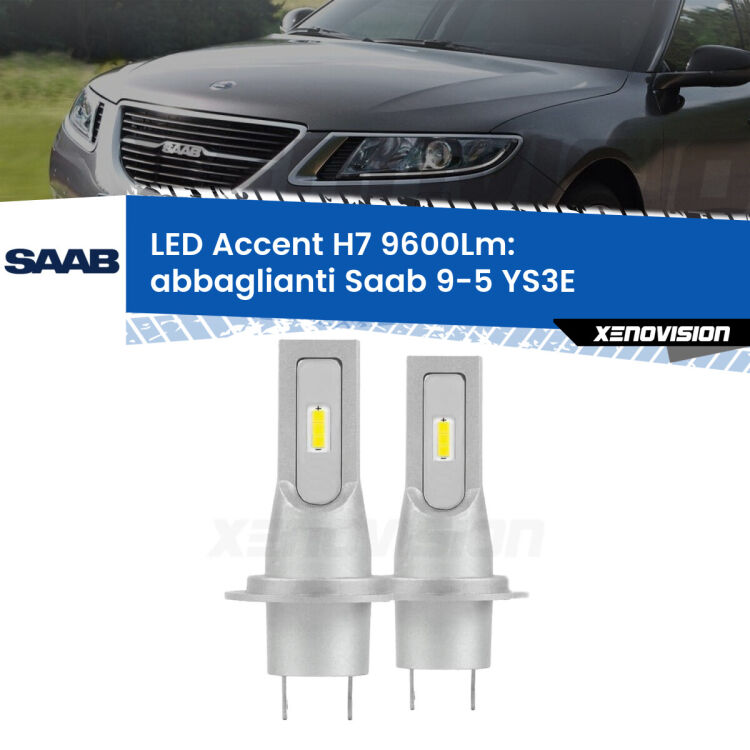 <strong>Kit LED Abbaglianti per Saab 9-5</strong> YS3E Full-beam spotlight con fari Bi-Xenon.</strong> Coppia lampade <strong>H7</strong> senza ventola e ultracompatte per installazioni in fari senza spazi.