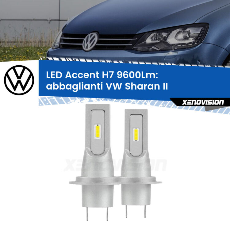 <strong>Kit LED Abbaglianti per VW Sharan</strong> II 2010-2019.</strong> Coppia lampade <strong>H7</strong> senza ventola e ultracompatte per installazioni in fari senza spazi.