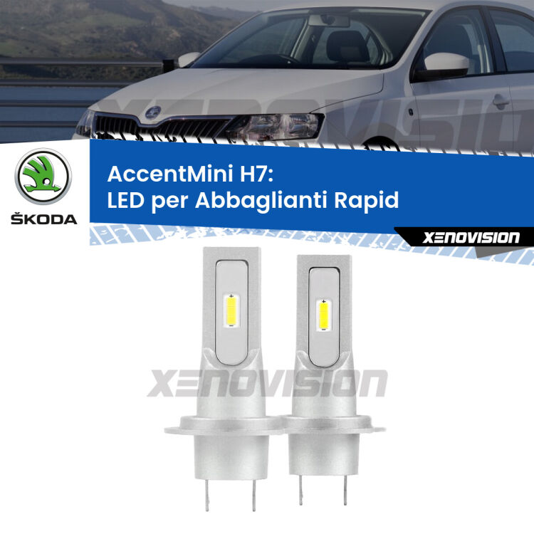 <strong>Kit LED Abbaglianti per Skoda Rapid</strong> NH3 2017 -2021.</strong> Coppia lampade <strong>H7</strong> senza ventola e ultracompatte per installazioni in fari senza spazi.