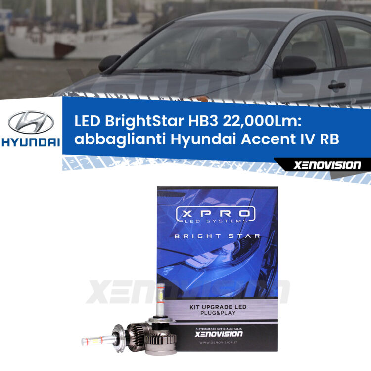 <strong>Kit LED abbaglianti per Hyundai Accent IV</strong> RB 2010 in poi. </strong>Due lampade Canbus HB3 Brightstar da 22,000 Lumen. Qualità Massima.