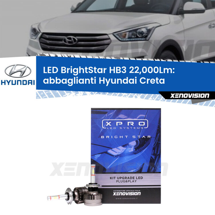 <strong>Kit LED abbaglianti per Hyundai Creta</strong>  2016 in poi. </strong>Due lampade Canbus HB3 Brightstar da 22,000 Lumen. Qualità Massima.