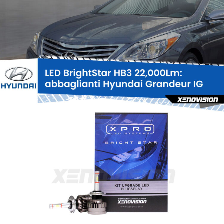 <strong>Kit LED abbaglianti per Hyundai Grandeur</strong> IG 2016 in poi. </strong>Due lampade Canbus HB3 Brightstar da 22,000 Lumen. Qualità Massima.