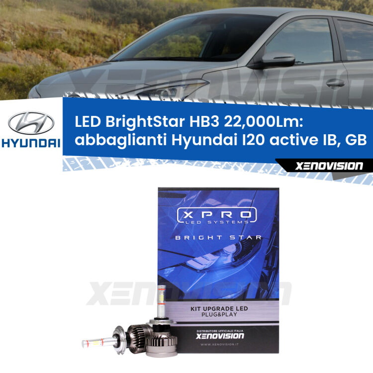 <strong>Kit LED abbaglianti per Hyundai I20 active</strong> IB, GB 2015 in poi. </strong>Due lampade Canbus HB3 Brightstar da 22,000 Lumen. Qualità Massima.