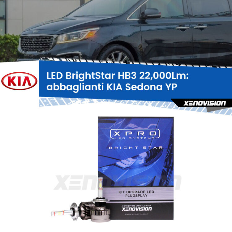 <strong>Kit LED abbaglianti per KIA Sedona</strong> YP 2019 in poi. </strong>Due lampade Canbus HB3 Brightstar da 22,000 Lumen. Qualità Massima.