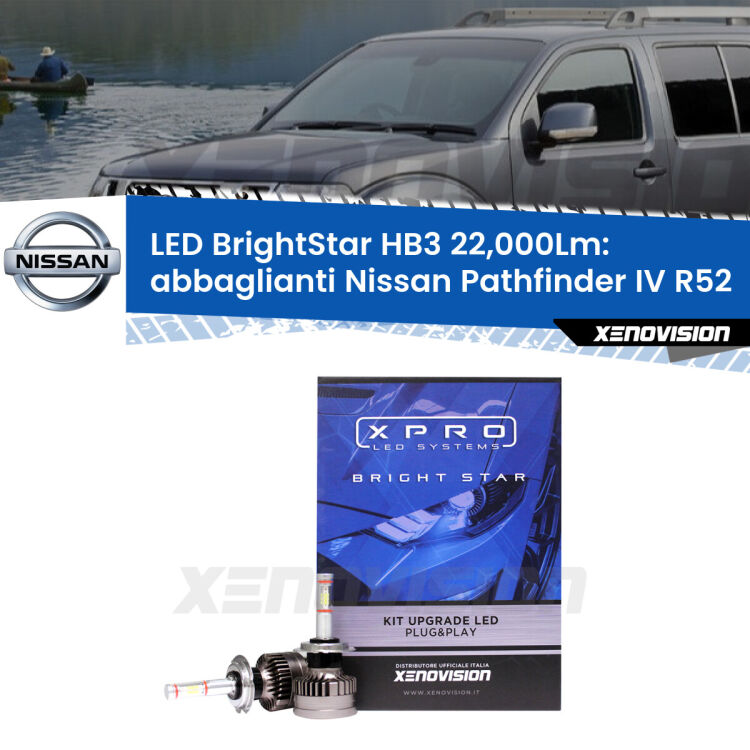 <strong>Kit LED abbaglianti per Nissan Pathfinder IV</strong> R52 2012 in poi. </strong>Due lampade Canbus HB3 Brightstar da 22,000 Lumen. Qualità Massima.