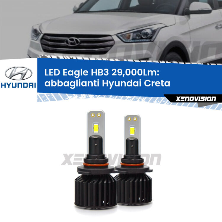 <strong>Kit abbaglianti LED specifico per Hyundai Creta</strong>  2016 in poi. Lampade <strong>HB3</strong> Canbus da 29.000Lumen di luminosità modello Eagle Xenovision.