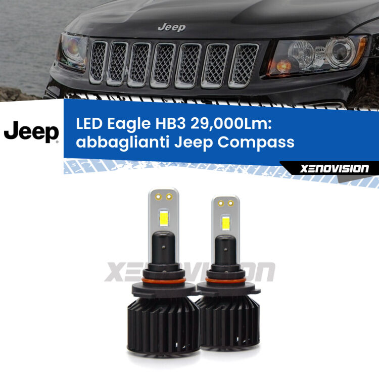 <strong>Kit abbaglianti LED specifico per Jeep Compass</strong>  2011-2016. Lampade <strong>HB3</strong> Canbus da 29.000Lumen di luminosità modello Eagle Xenovision.