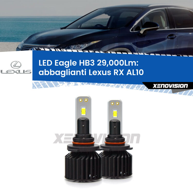 <strong>Kit abbaglianti LED specifico per Lexus RX</strong> AL10 2008 -2015. Lampade <strong>HB3</strong> Canbus da 29.000Lumen di luminosità modello Eagle Xenovision.