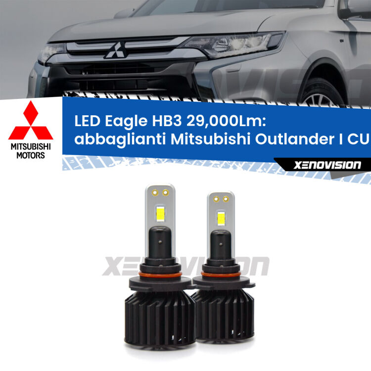 <strong>Kit abbaglianti LED specifico per Mitsubishi Outlander I</strong> CU a parabola doppia. Lampade <strong>HB3</strong> Canbus da 29.000Lumen di luminosità modello Eagle Xenovision.