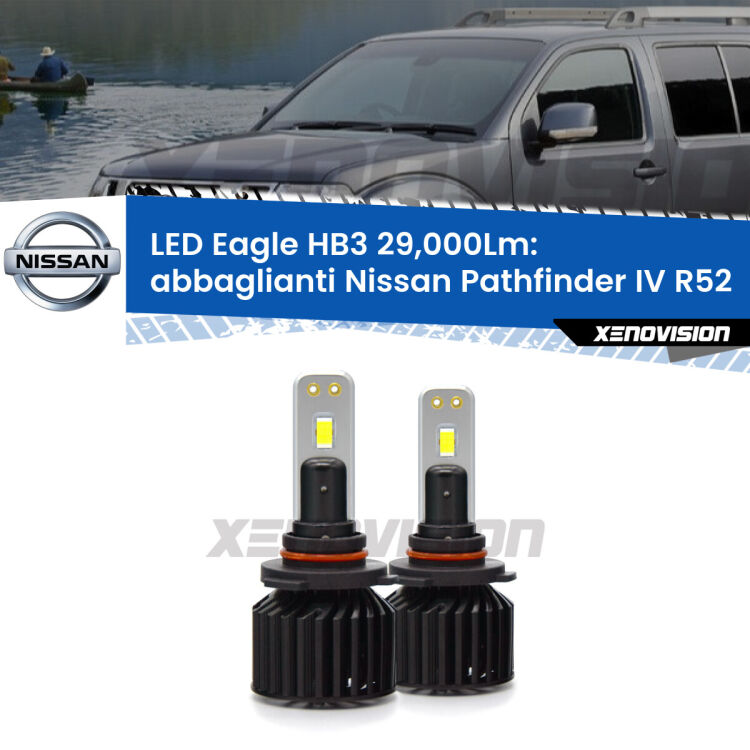 <strong>Kit abbaglianti LED specifico per Nissan Pathfinder IV</strong> R52 2012 in poi. Lampade <strong>HB3</strong> Canbus da 29.000Lumen di luminosità modello Eagle Xenovision.