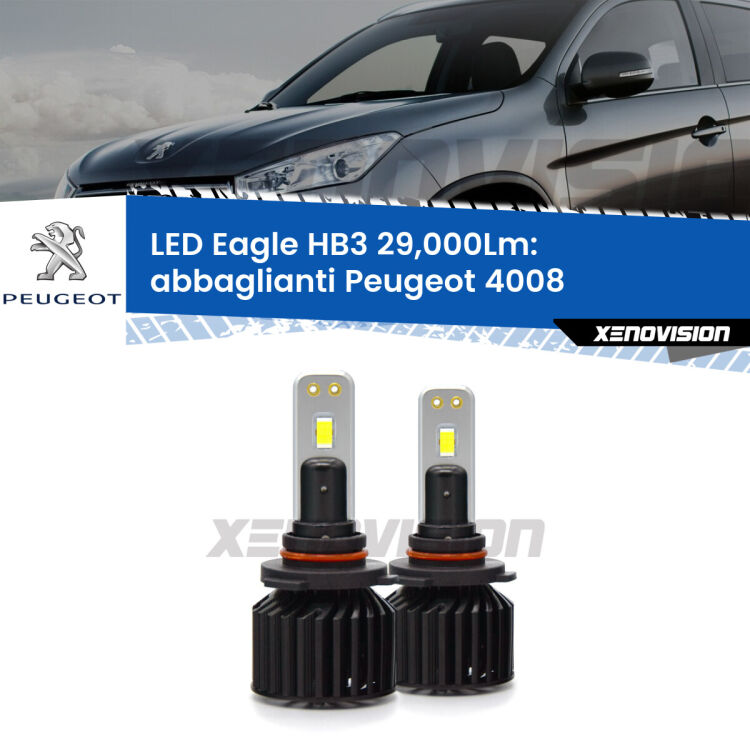 <strong>Kit abbaglianti LED specifico per Peugeot 4008</strong>  2012 in poi. Lampade <strong>HB3</strong> Canbus da 29.000Lumen di luminosità modello Eagle Xenovision.