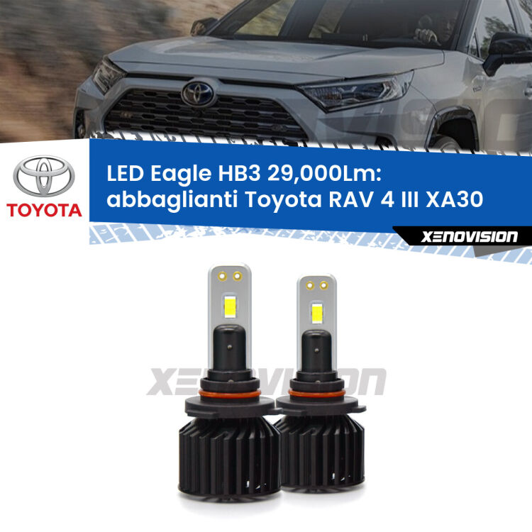 <strong>Kit abbaglianti LED specifico per Toyota RAV 4 III</strong> XA30 2005 -2014. Lampade <strong>HB3</strong> Canbus da 29.000Lumen di luminosità modello Eagle Xenovision.