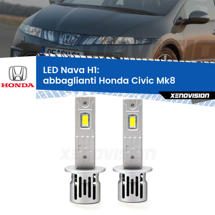 <strong>Abbaglianti LED no-spie per Honda Civic</strong> Mk8 2005 -2010. Coppia lampade <strong> H1</strong> modello Nava canbus, raffreddate a ventola.