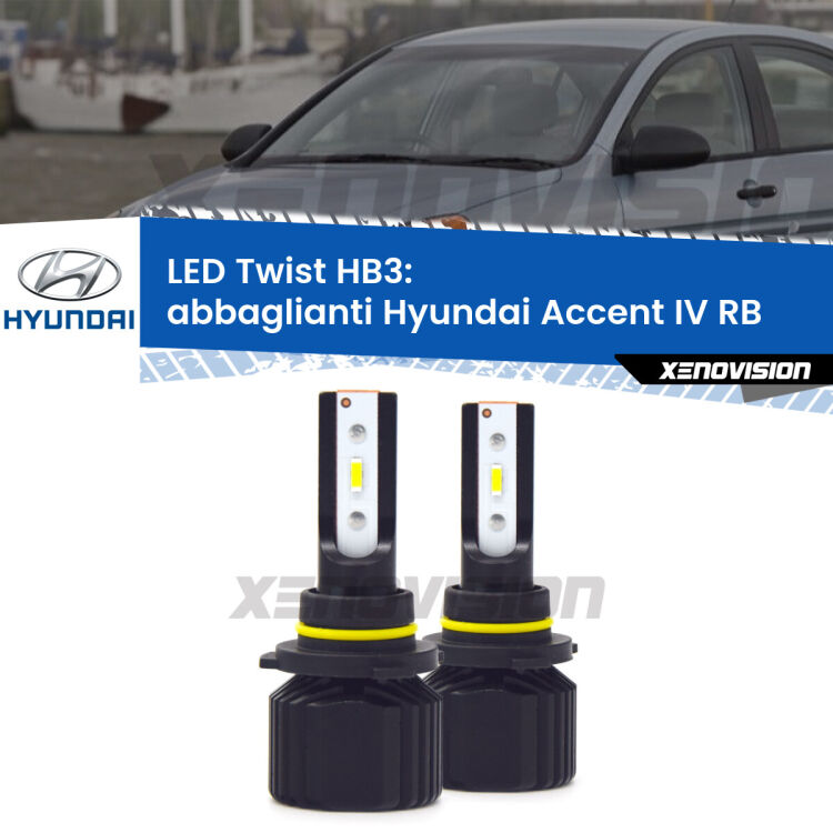 <strong>Kit abbaglianti LED</strong> HB3 per <strong>Hyundai Accent IV</strong> RB 2010 in poi. Compatte, impermeabili, senza ventola: praticamente indistruttibili. Top Quality.