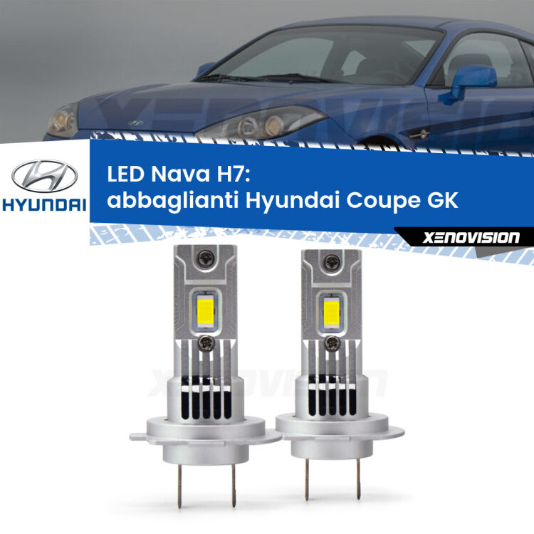 <strong>Abbaglianti LED no-spie per Hyundai Coupe</strong> GK 2002 -2009. Coppia lampade <strong>H7</strong> modello Nava canbus, raffreddate a ventola.