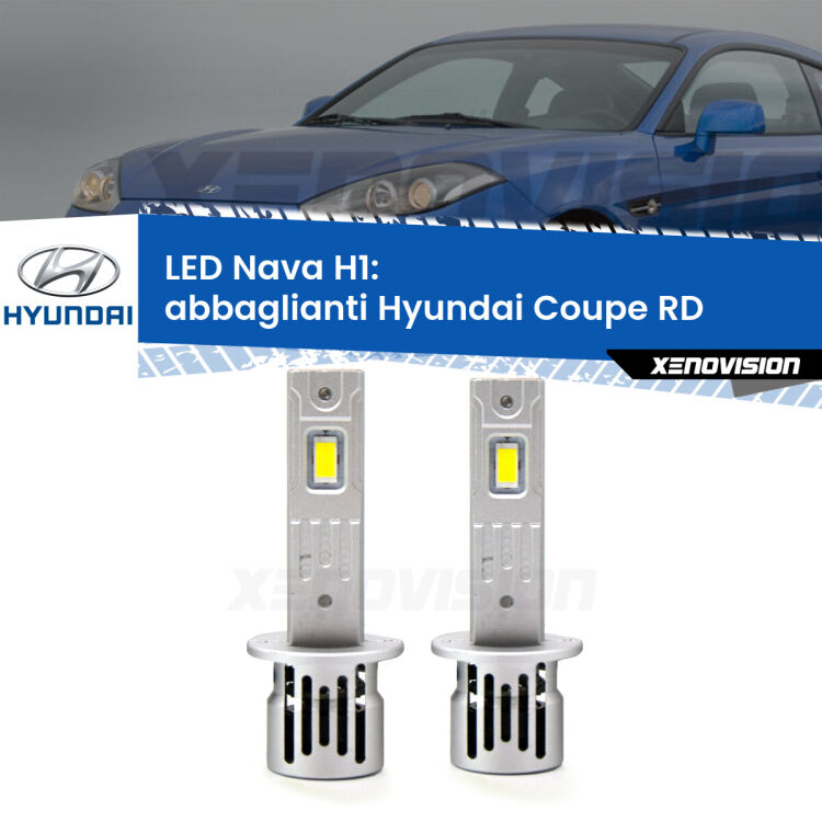 <strong>Abbaglianti LED no-spie per Hyundai Coupe</strong> RD 1996 -2002. Coppia lampade <strong> H1</strong> modello Nava canbus, raffreddate a ventola.