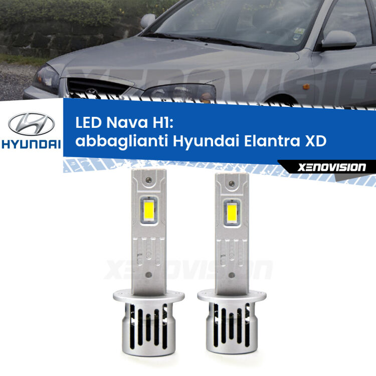 <strong>Abbaglianti LED no-spie per Hyundai Elantra</strong> XD 2000 -2006. Coppia lampade <strong> H1</strong> modello Nava canbus, raffreddate a ventola.