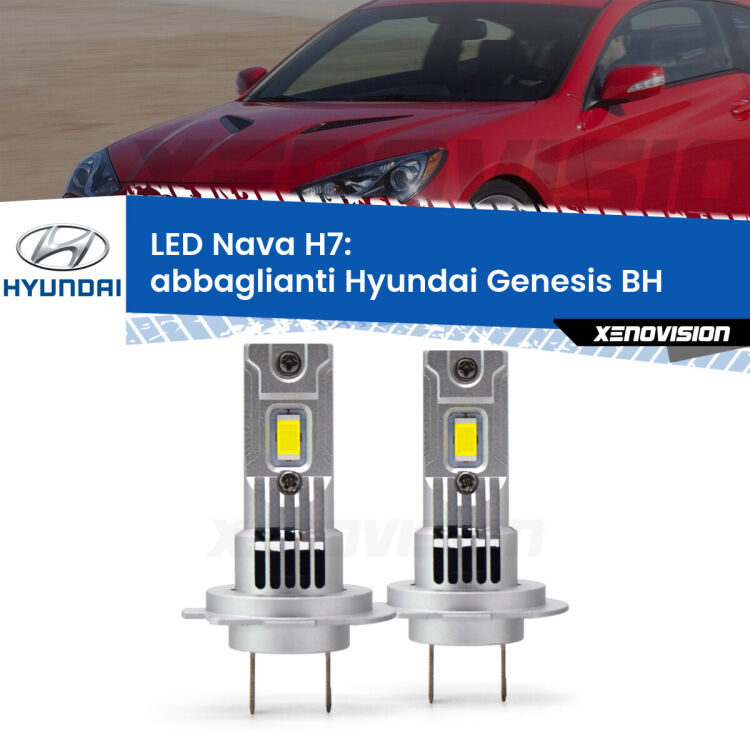 <strong>Abbaglianti LED no-spie per Hyundai Genesis</strong> BH 2008 -2014. Coppia lampade <strong>H7</strong> modello Nava canbus, raffreddate a ventola.