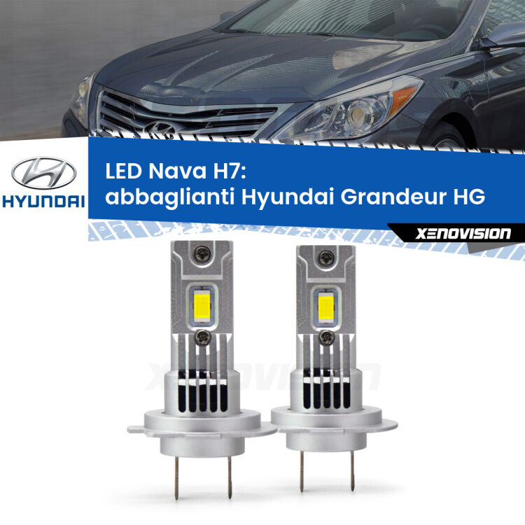 <strong>Abbaglianti LED no-spie per Hyundai Grandeur</strong> HG 2011 -2016. Coppia lampade <strong>H7</strong> modello Nava canbus, raffreddate a ventola.