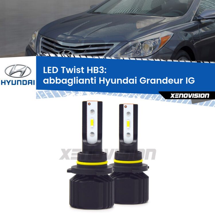 <strong>Kit abbaglianti LED</strong> HB3 per <strong>Hyundai Grandeur</strong> IG 2016 in poi. Compatte, impermeabili, senza ventola: praticamente indistruttibili. Top Quality.