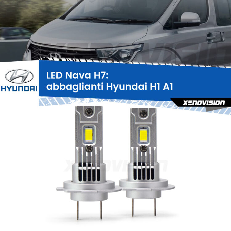 <strong>Abbaglianti LED no-spie per Hyundai H1</strong> A1 2000 -2008. Coppia lampade <strong>H7</strong> modello Nava canbus, raffreddate a ventola.