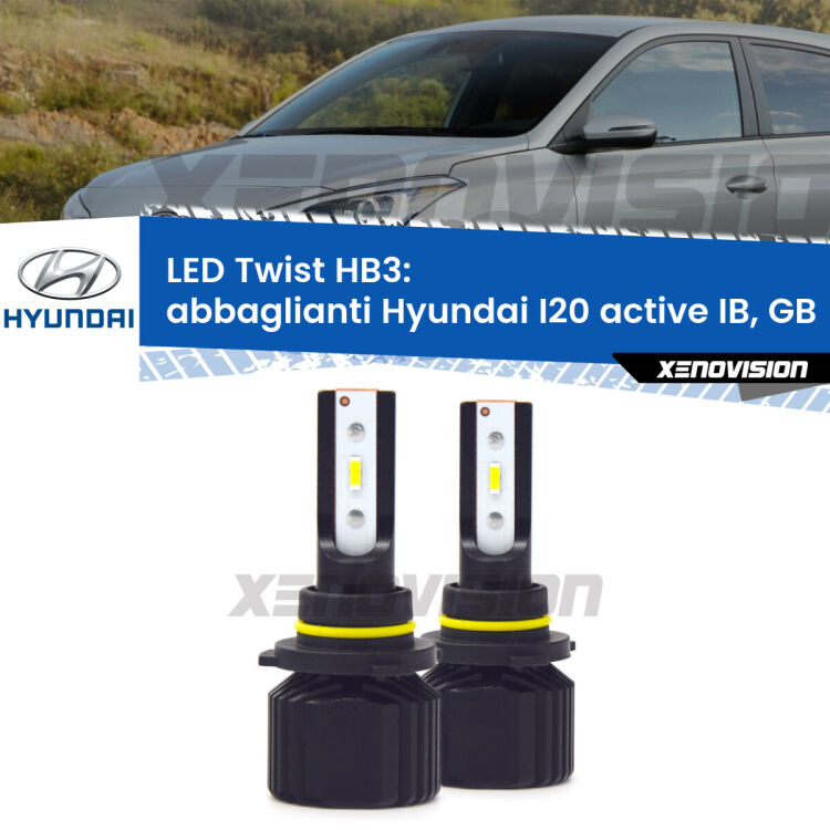 <strong>Kit abbaglianti LED</strong> HB3 per <strong>Hyundai I20 active</strong> IB, GB 2015 in poi. Compatte, impermeabili, senza ventola: praticamente indistruttibili. Top Quality.