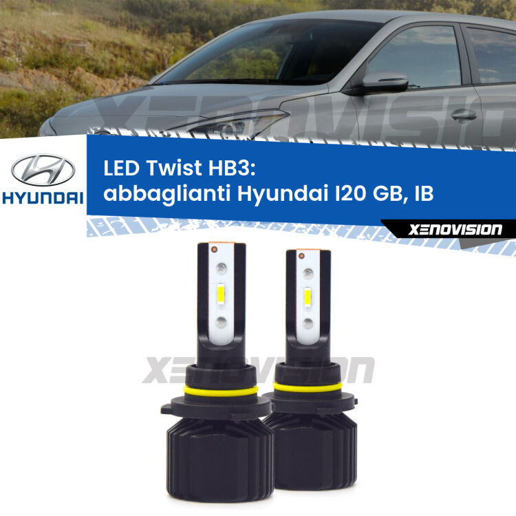 <strong>Kit abbaglianti LED</strong> HB3 per <strong>Hyundai I20</strong> GB, IB 2014 in poi. Compatte, impermeabili, senza ventola: praticamente indistruttibili. Top Quality.