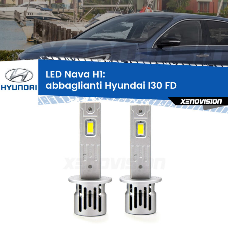 <strong>Abbaglianti LED no-spie per Hyundai I30</strong> FD 2007 -2011. Coppia lampade <strong> H1</strong> modello Nava canbus, raffreddate a ventola.