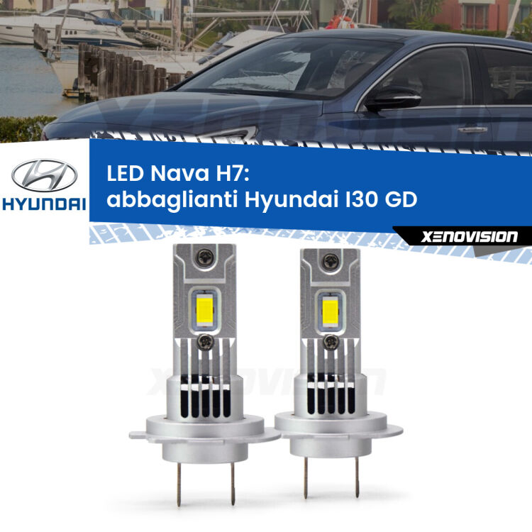 <strong>Abbaglianti LED no-spie per Hyundai I30</strong> GD 2011 -2017. Coppia lampade <strong>H7</strong> modello Nava canbus, raffreddate a ventola.