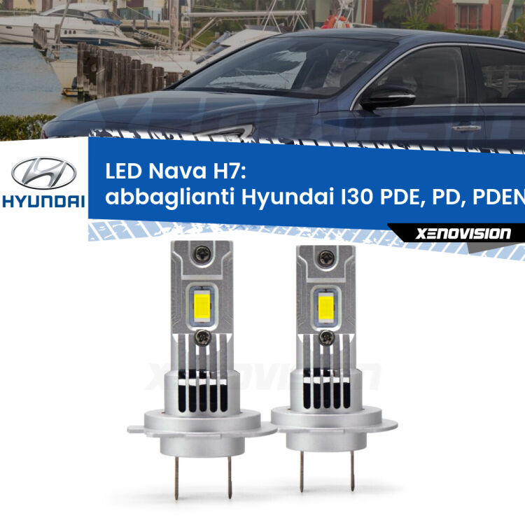 <strong>Abbaglianti LED no-spie per Hyundai I30</strong> PDE, PD, PDEN 2016 in poi. Coppia lampade <strong>H7</strong> modello Nava canbus, raffreddate a ventola.