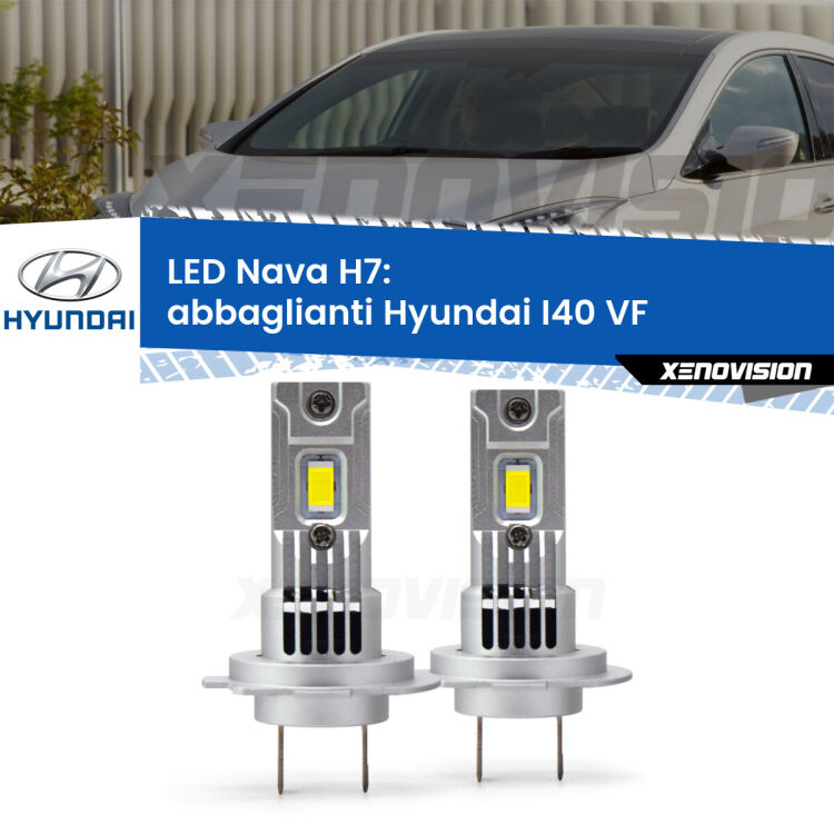 <strong>Abbaglianti LED no-spie per Hyundai I40</strong> VF prima serie. Coppia lampade <strong>H7</strong> modello Nava canbus, raffreddate a ventola.