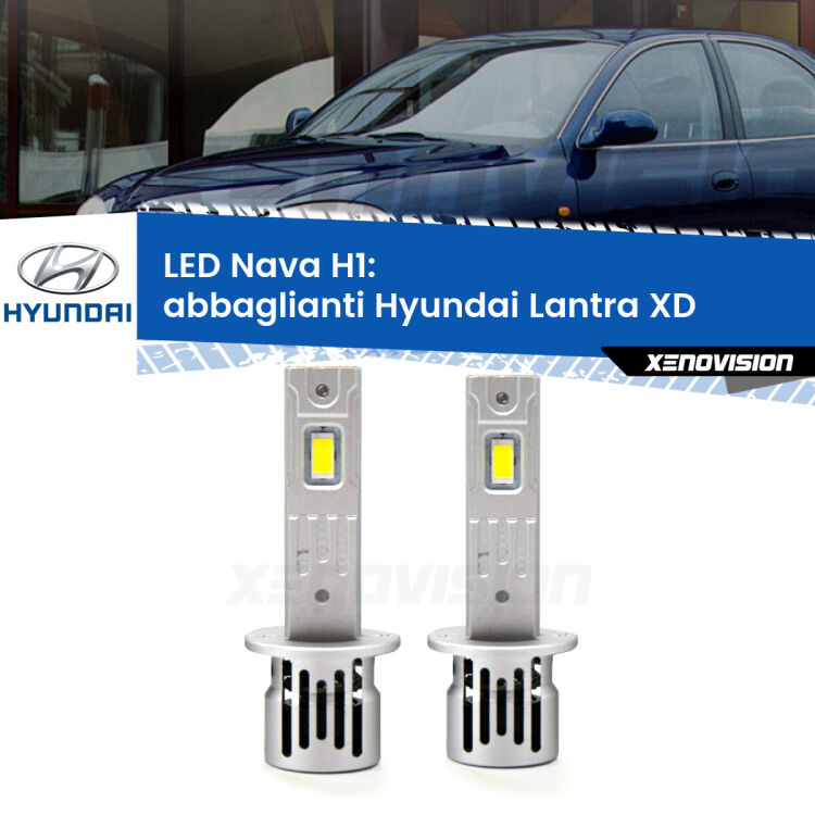 <strong>Abbaglianti LED no-spie per Hyundai Lantra</strong> XD 2000 -2006. Coppia lampade <strong> H1</strong> modello Nava canbus, raffreddate a ventola.