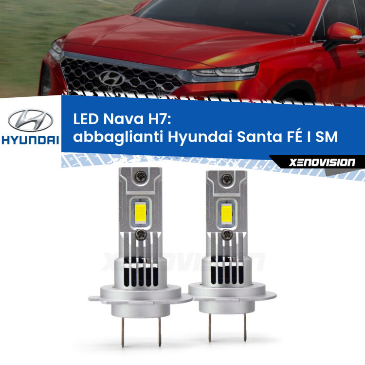 <strong>Abbaglianti LED no-spie per Hyundai Santa FÉ I</strong> SM 2001-2005. Coppia lampade <strong>H7</strong> modello Nava canbus, raffreddate a ventola.