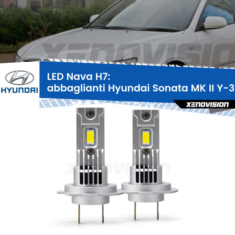 <strong>Abbaglianti LED no-spie per Hyundai Sonata MK II</strong> Y-3 1993-1998. Coppia lampade <strong>H7</strong> modello Nava canbus, raffreddate a ventola.