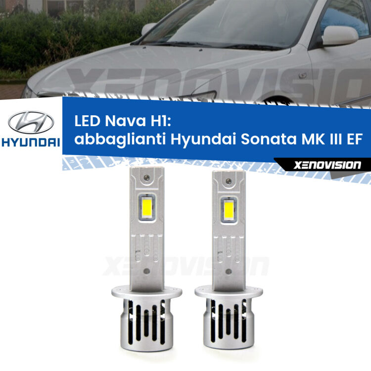 <strong>Abbaglianti LED no-spie per Hyundai Sonata MK III</strong> EF 2002-2004. Coppia lampade <strong> H1</strong> modello Nava canbus, raffreddate a ventola.