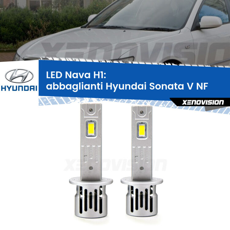 <strong>Abbaglianti LED no-spie per Hyundai Sonata V</strong> NF 2005-2010. Coppia lampade <strong> H1</strong> modello Nava canbus, raffreddate a ventola.